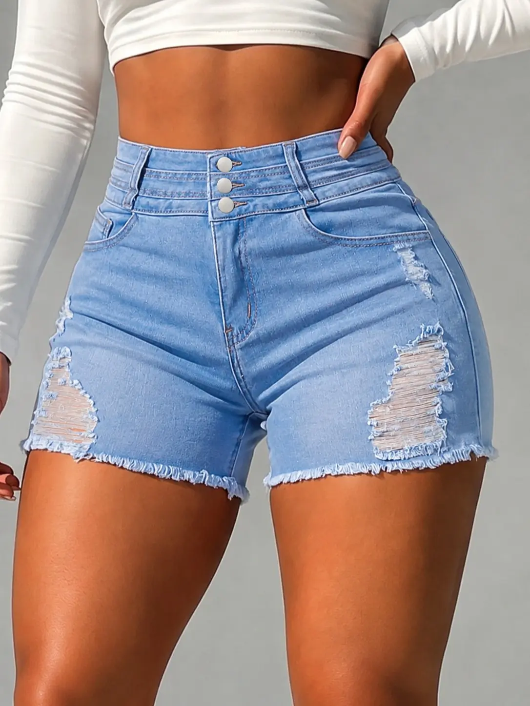 Women's Light Blue Vintage Wash High-Rise 3-Button Fly High-Stretch Butt-Lifting Mini Denim Shorts, Womenswear Bottom, Y2K Retro Style, Big Horizontal Ripped Holes, Fringe Raw Frayed Edge Hem, Beach Summer Jorts