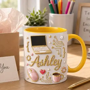 Personalized Computer Mug 2D Printed 3D Effect, Custom Name Ceramic Coffee Cup with Laptop, Mouse and Circuit Board Design, Gift for Tech Women