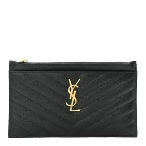 Pre-owned Yves Saint Laurent Grain De Poudre Leather Small Leather Goods Grain De Poudre Chevron Monogram Bill Pouch Black