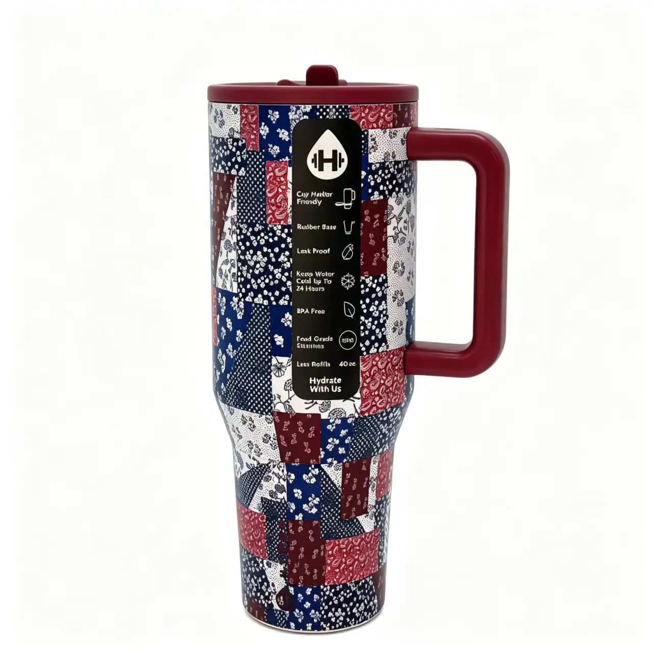 HYDROJUG 40oz Insulated Stainless Steel Travel Tumbler - Vintage Bandana Patchwork Print, Burgundy Handle & Lid, 24hr Cold Retention, Car-Friendly, Leak-Proof, BPA-Free Big Drink Flask with Stylish Accessories for Casual Use