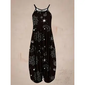 [Starry Night | Casual] Starry Night Sky Print Overalls | Casual Sleeveless Jumpsuit | Adjustable Straps, Polyester & Spandex Blend, Machine Washable, Relaxed Fit, Stretchy Fabric, for Adults, Easycare Garment