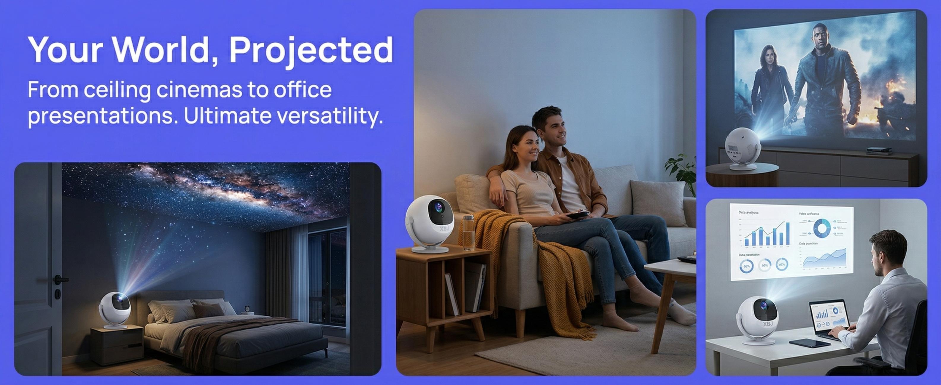 XBJ New Drops Supports 4K,350ANSl  2.4/5G WiFi 360° HD Projection Dual band  Electric Focus Wireless BT6.0 LED 150 InchScreen Built-in Speaker Multifunctional Projector for HomeCinema and Chri Outdoor stmas Gifts New Year Gifts Theater-Grade High-quality