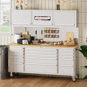 72 Inch Stainless Steel Rolling Tool Chest – 24 Drawers & 3 Top Cabinets – Heavy-Duty Mobile Workbench with Lockable Storage & Rubberwood Top – Perfect for Garage, Workshop, Professional Use