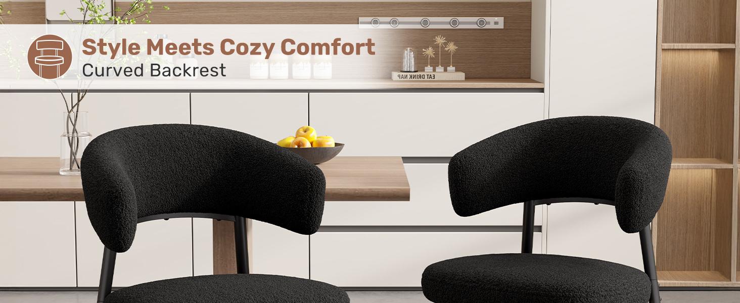Dining Chairs Set of 4, Mid Century Modern Kitchen Chairs, Boucle Upholstered Dining Chair with Curved Backrest & Metal Legs for Kitchen Dining Room,