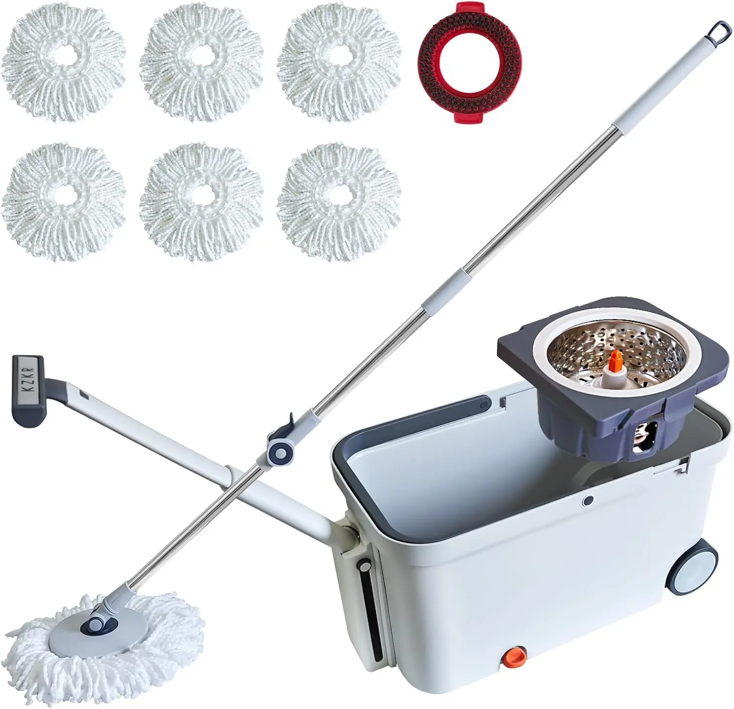 KZKR Spin Mop & Bucket Set with 6 Microfiber Heads, 180° Spinning System, Adjustable Handle, Dual Wheels, for Home & Commercial Cleaning