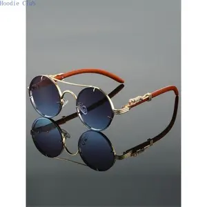 Vintage Round Double Bridge Sunglasses for Women & Men, Gold Metal Frame Retro UV400 Protective Shades with Wood Grain Style Temples, Lightweight Fashion Eyewear for Beach, Driving, Travel & Outdoor Summer Wear, Trendy Unisex Street Style Accessory