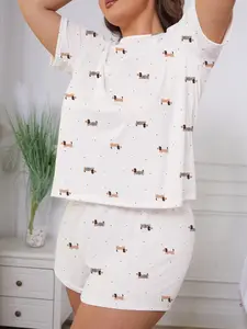 Women's Sleepwear Set Loungewear, Cute Cartoon Dog Print Pajamas, Loose Fit Short Sleeve Round Neck Shirt & Elastic Shorts, All Seasons Home Wear