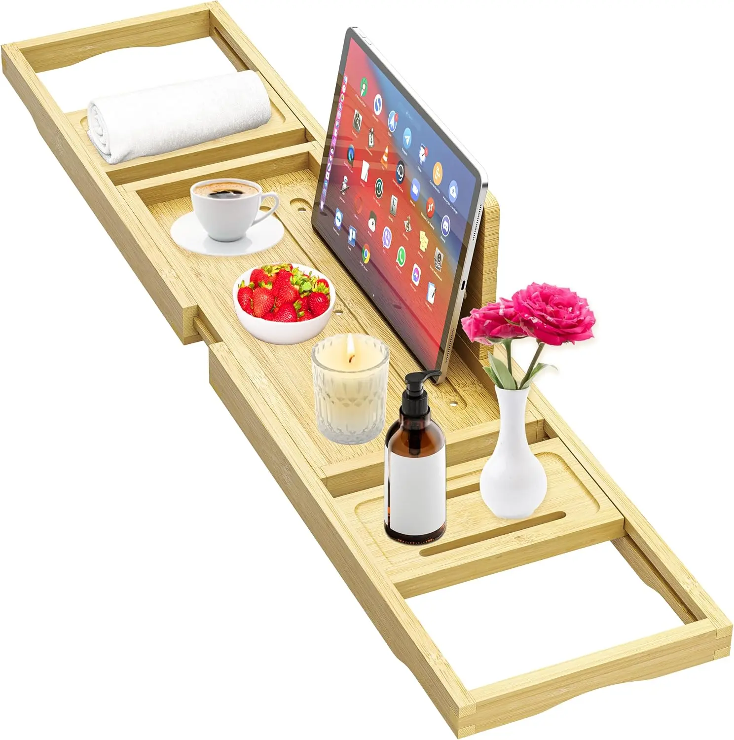 Premium Bathtub Tray - Expandable Bamboo Wooden Bath Trays for Bathub - Bath Tub Table Tray for Bathtub/Tub,Adjustable Size, Fits Most Tubs