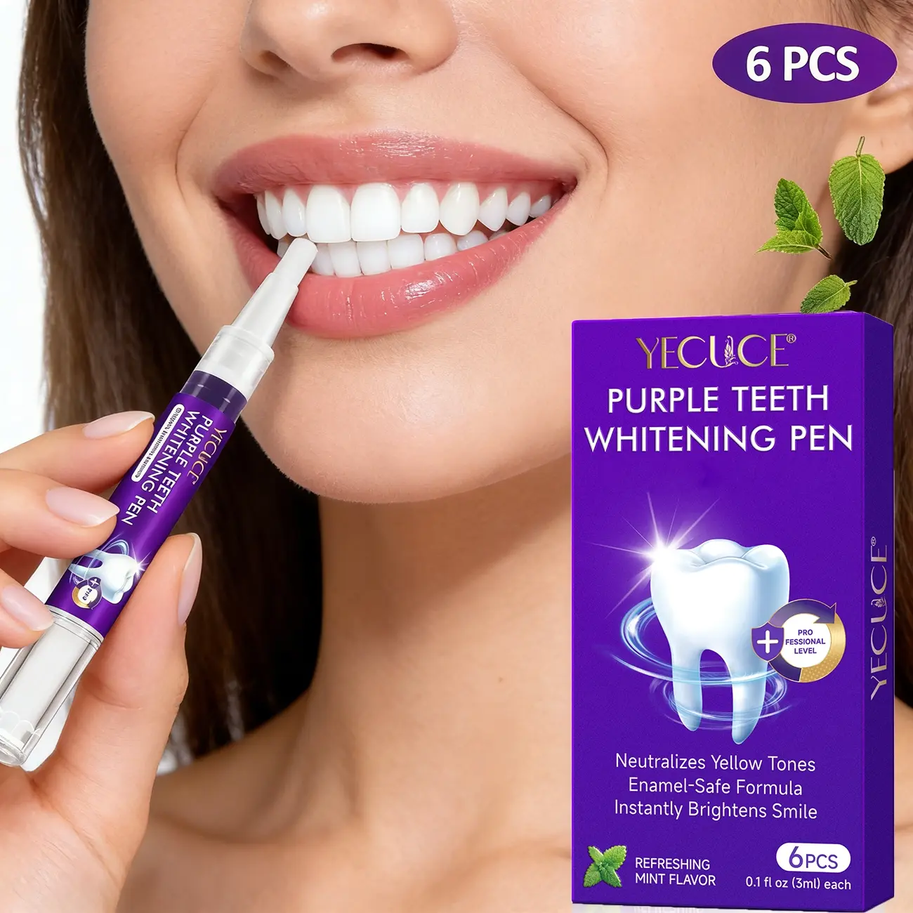 YECUCE Purple Mint Teeth Whitener Pen, 3ml x 6 Pack - Stain Removing Low-Sensitivity Formula, Teeth Whitening, Teeth Brightener, Brightening & Yellowing Improvement, Professional Dental Care