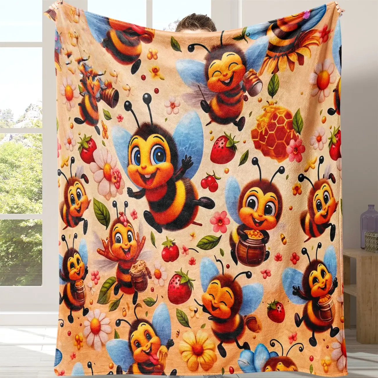 Cute Cartoon Bee Blanket, Flannel Soft Cozy Throw Blanket for Sofa Bed, Warm Comfortable Lightweight Blanket for Home Office Travel Camping, Cartoon Pattern Blanket