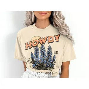 Howdy Texas Bluebonnets Graphic Tee, Vintage Inspired T-shirt for Women, Texas Hill Country Aesthetic, Nature-Inspired Casual Wear Comfort Cotton