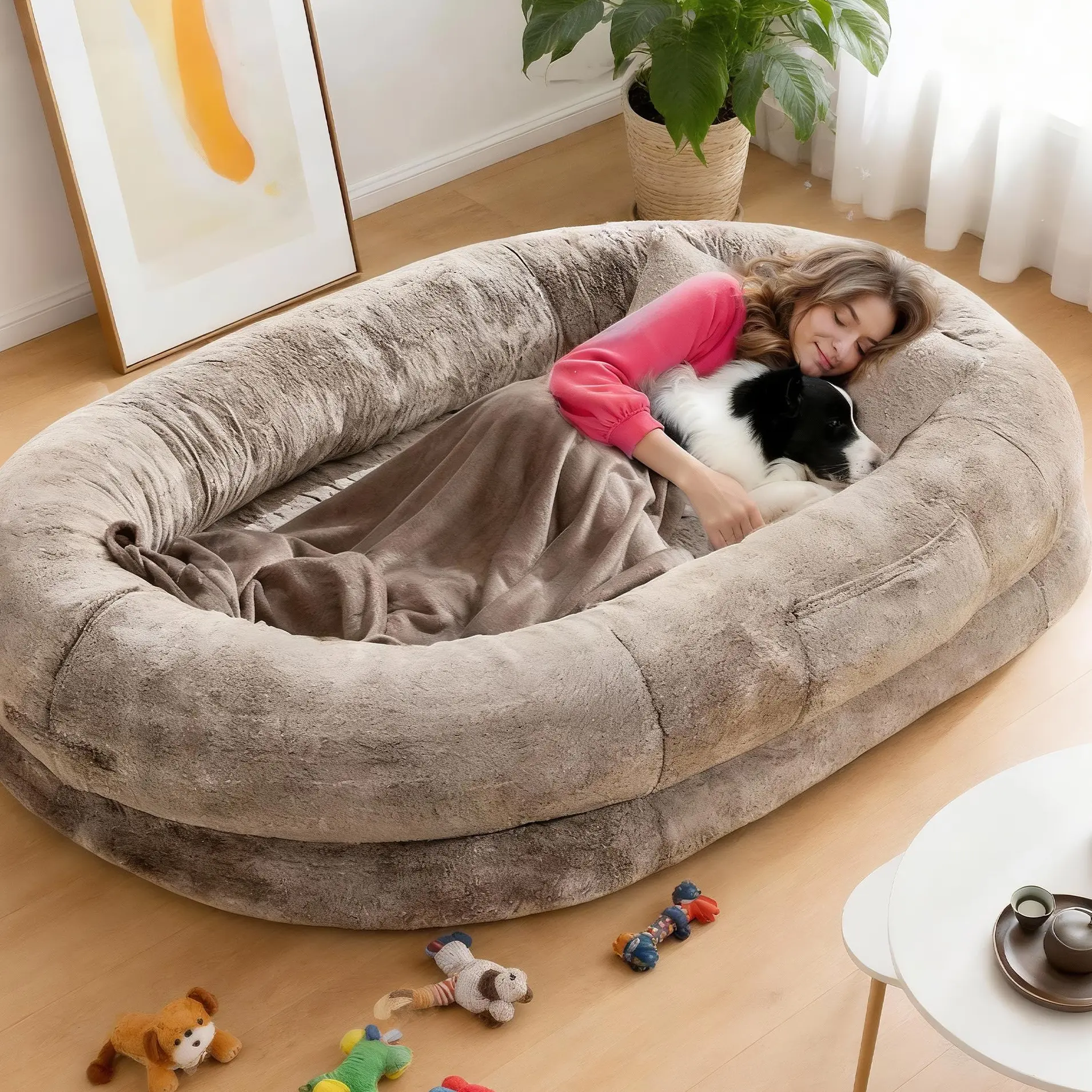 Extra Large Human & Pet Shaped Bedding Lounger - Cozy Faux Fur Orthopedic Bed with Pillow, Blanket, Washable Nap Bed for Senior/Disabled Dogs Recovery, Pet Lover Gift, Shaped Beds