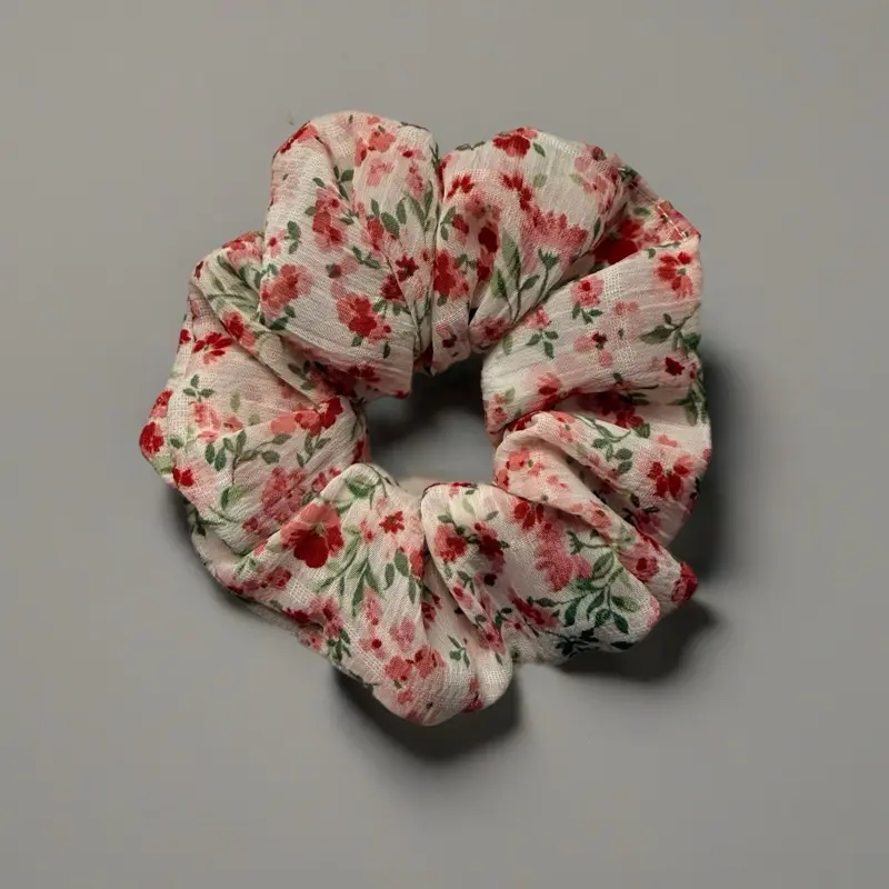 Pink Floral Chiffon Hair Scrunchie, Hair Ties, Fashion Scrunchies, Handmade