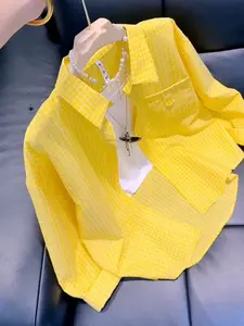 Women's Lightweight Loose Breathable Plaid Sun Protection Long Sleeve Shirt Blouses, Summer Fashion Polo Neck Checkered Jacket, Casual Versatile Outerwear, Casual Style Top