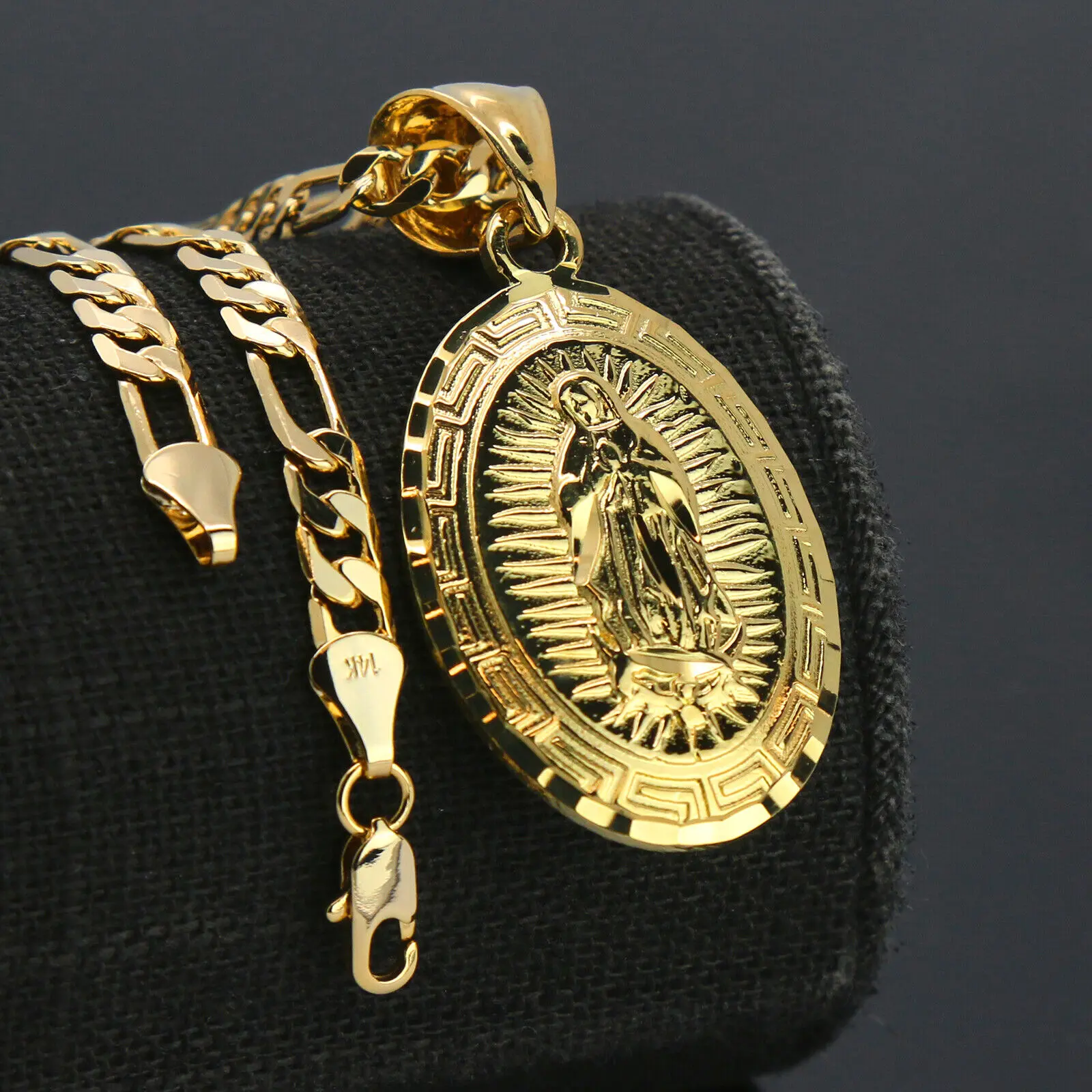 MaxBling81 Virgin Mary Our Lady of Guadalupe High-End Brass Oval Pendant, 14K Stamped 4mm Figaro Chain Necklace (20" or 24") for Hip Hop Fashion Jewelry