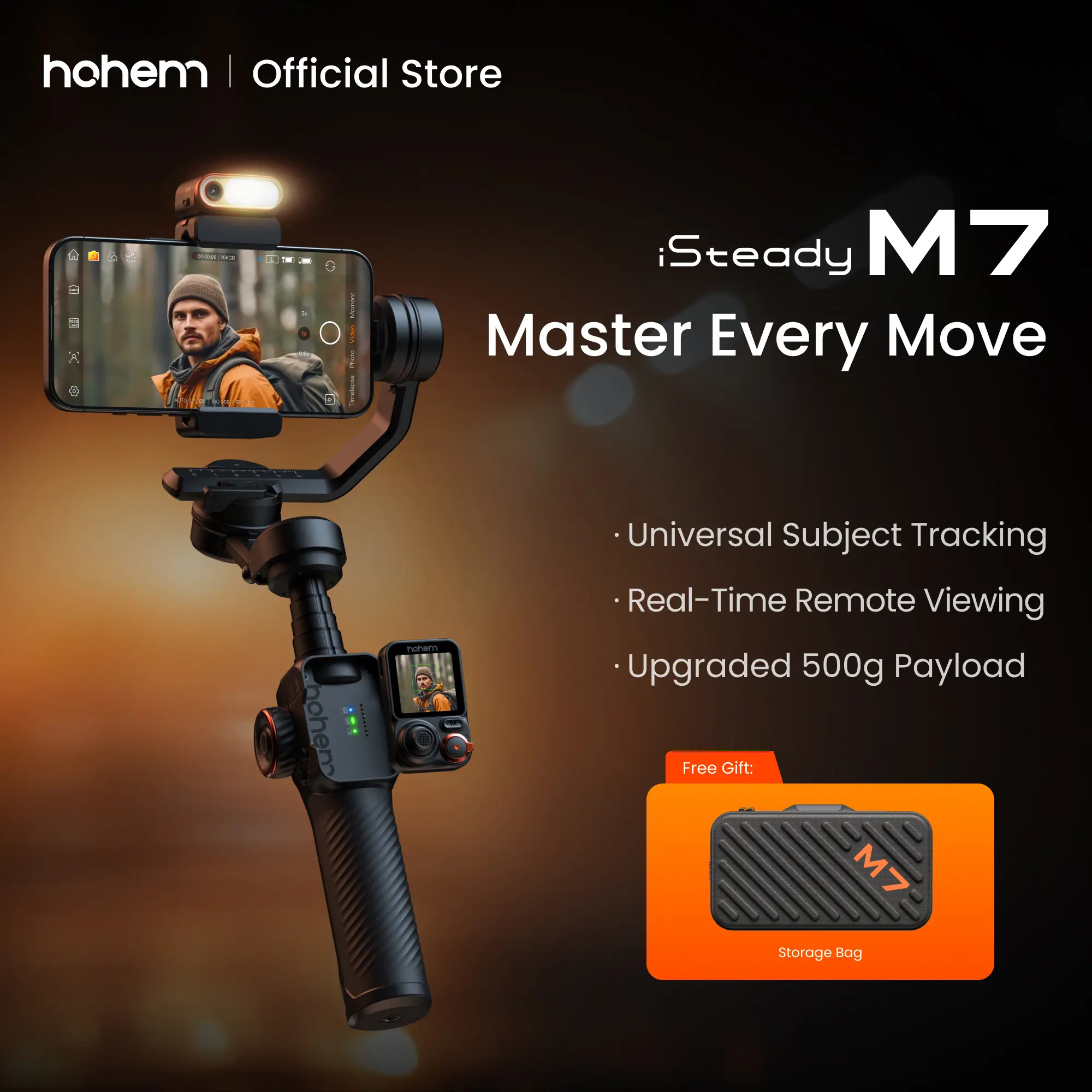 Hohem iSteady M7 AI Tracking 3-Axis Camera Gimbal Stabilizer for Cellphone, Mobile Videography Equipment, iPhone & Android, 1/4-inch Color Touchscreen, Magnetic Fill Light, Detachable Remote, 500g Max Payload, 2023 Upgraded Accessories, Father's Day Gift,