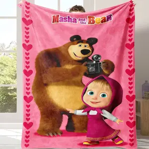 Masha and the Bear Ultra Soft Pink Flannel Throw Blanket for Girls Kids Fleece Plush Cozy Nap Blanket for Couch Sofa Bed Travel Nursery Decor Cute Cartoon Character Gift for Toddlers Birthday Christmas Present All-Season Lightweight Warmth