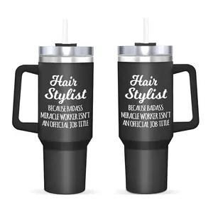 Hair Stylist Humor "Badass Miracle Worker" Design 40oz Insulated Cup, Large Insulated Cup with Straw, Lid, and Handle, Stainless Steel Water Bottle, Reusable Tumbler, Flask Tumbler, Portable Drinking Cup