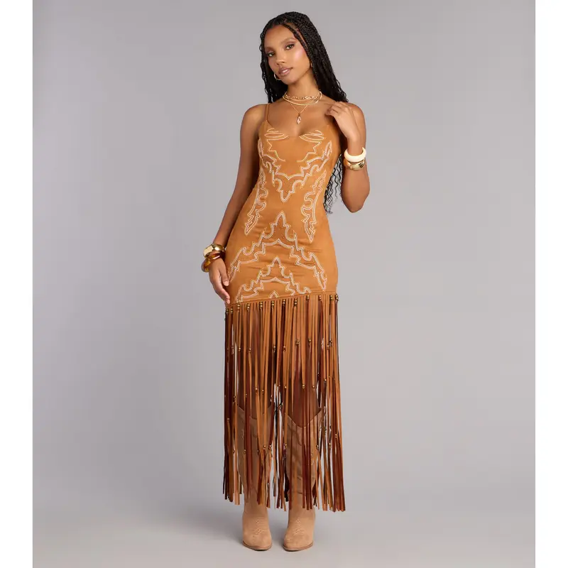 brown suede dress with fringe Suede Fringe Maxi Dress main image 1