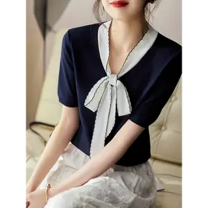 Women's Summer Casual V-Neck Color Block Top with Elegant Bow Tie Detail - High Stretch Short Sleeve Shirt in Navy & White, Regular Fit for Stylish Outfits, Ladies Tops And Blouses Summer, Allseason Pullover, Comfortable Versa
