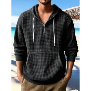 Men's Waffle Knit Hoodie , Half Zip Pullover with Distressed Print (Oversized Fit) | Thermal Lined Streetwear Jogger Set