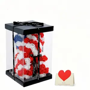 Multiple Styles Independence Day Blue Rose Bear Preserved Flower Teddy Bear, 4th of July Girlfriend Anniversary Gift Box Set