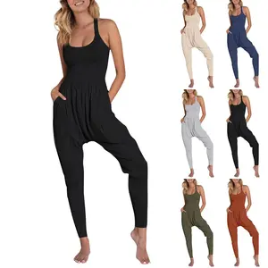 Popular cross-border European and American women's sleeveless suspenders, pockets, leggings, yoga jumpsuits