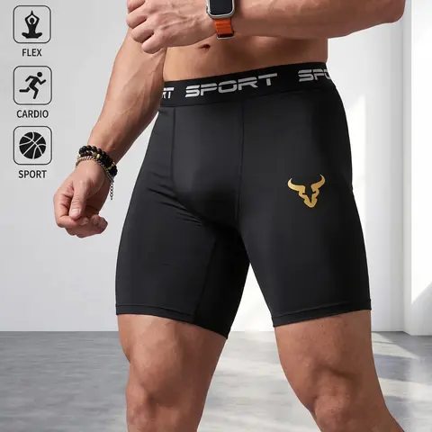 Men's Gym Shorts with Golden Bull Head Graphic, Shorts Sportswear, Breathable Workout Shorts, Quick-Dry High Stretch Athletic Sports Shorts for Running, Basketball, Cycling, Fitness Training, Casual Everyday Wear, 5 Colors Red Black Gray Blue