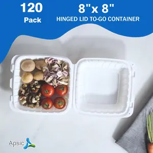 120 Pack 8"x8" Apsic To Go Food Containers - One Compartment Heavy Duty Clamshell Take Out Food Containers with Lids - Disposable Plastic Hinged Meal Prep Containers Boxes for Lunch - Microwave & Freezer Safe, White