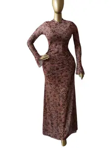 PULKRITU Women's Long Sleeve Mesh Overlay Prom Dresses, Elegant Formal Dress, Sheer Party Gown, Evening Wear Ruched Flare Round Collar Flocking Bodycon Dresses, Maxi Dress with Tank Dress 2 Pcs Sets