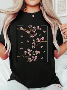 Aesthetic Japanese Style Cherry Blossom Tree Sakura T-Shirt Print T-Shirt Casual Crew Neck Short Sleeve Comfort Tee Top For Spring & Summer Women's Clothing