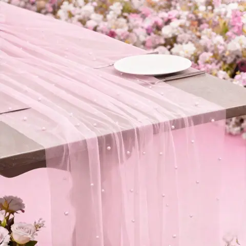 1Pc Pink Faux Pearl Decorative Tulle Table Runner, Wedding Transparent Tulle Tablecloth, Table setting, Wedding Arch Decoration Bridal Shower, Party Decoration, Chair Decoration, Event Backdrop Wall Decoration, Festival Decor, Home Decoration, Festive
