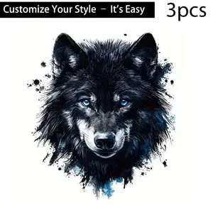 3pcs Wolf Head Heat Transfer Stickers, HD Tear-Resistant DIY Iron-On Patches for T-Shirts, Pillows, Backpacks, Pants, Sofa Covers - Durable Washable Plastic Decals, Waterproof & Fade-Resistant