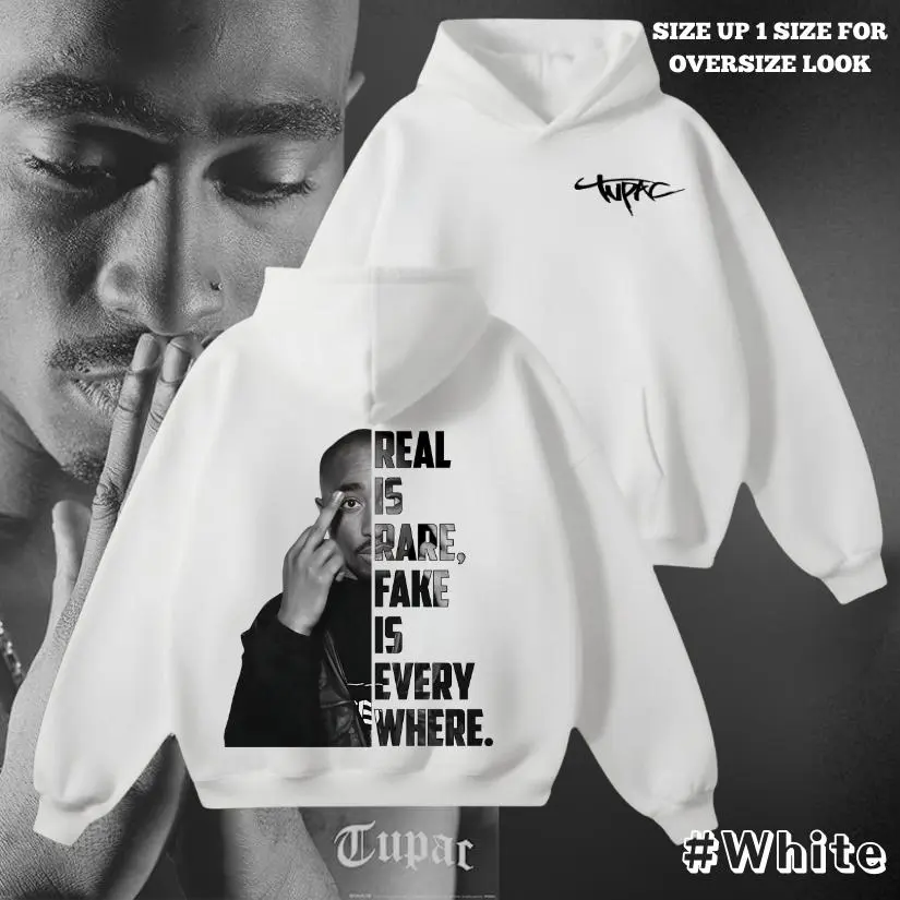 Retro Rapper Tupac 2pac " REAL IS RARE, FAKE IS EVERYF WHERE " Tshirt , Sweatshirt, hoodie Classic Rapper Graphic Sweatshirt Featuring Tupac Shakur – Hip Hop Culture Fashion 1