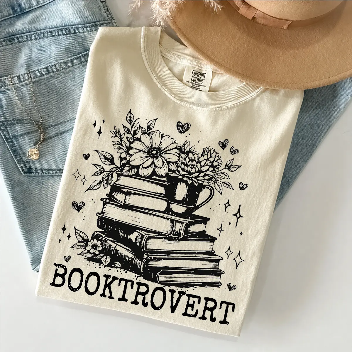 Booktrovert Floral Book Stack Shirt, Soft Cotton Unisex Crew Neck T-Shirt, Casual Printed Introvert Reader Graphic Tee, Cozy Book Lover Top, Literary Bookish Shirt, Book Club Librarian Gift, Everyday Reading Outfit