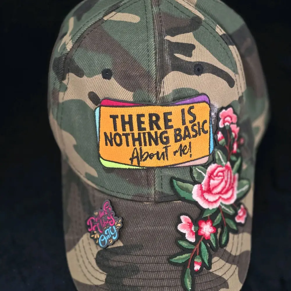 Camouflage Baseball Cap with Fashion Patch - "There Is Nothing Basic About Me" Theme Includes Acrylic Pin & Unique Style Quote