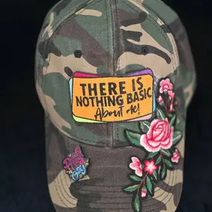 Camouflage Baseball Cap with Fashion Patch - "There Is Nothing Basic About Me" Theme Includes Acrylic Pin & Unique Style Quote