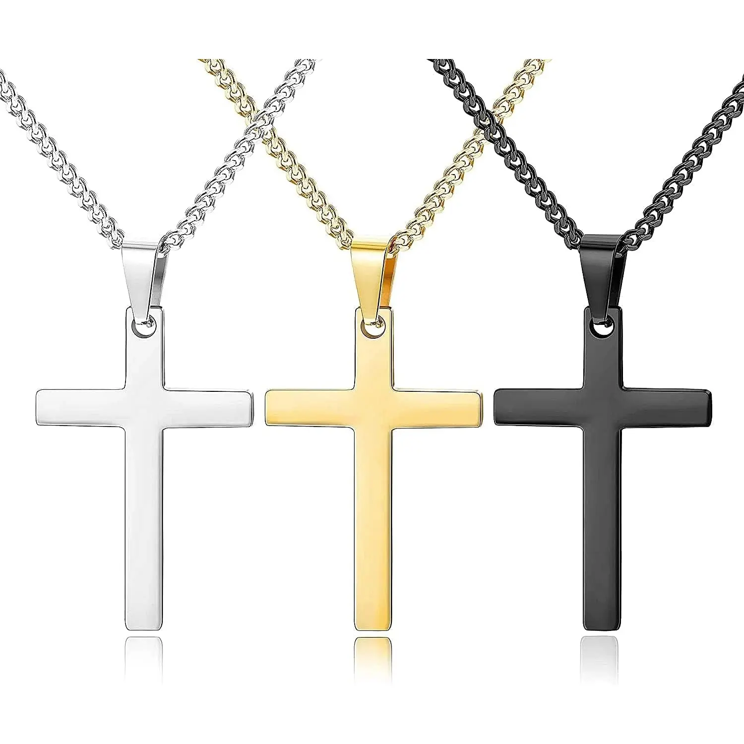 FUNRUN 3Pcs 316L Stainless Steel Cross Pendant Necklace Set for Men & Women | 3mm Cuban Chain (Silver, Gold, Black) | Hypoallergenic & Tarnish-Free Religious Jewelry
