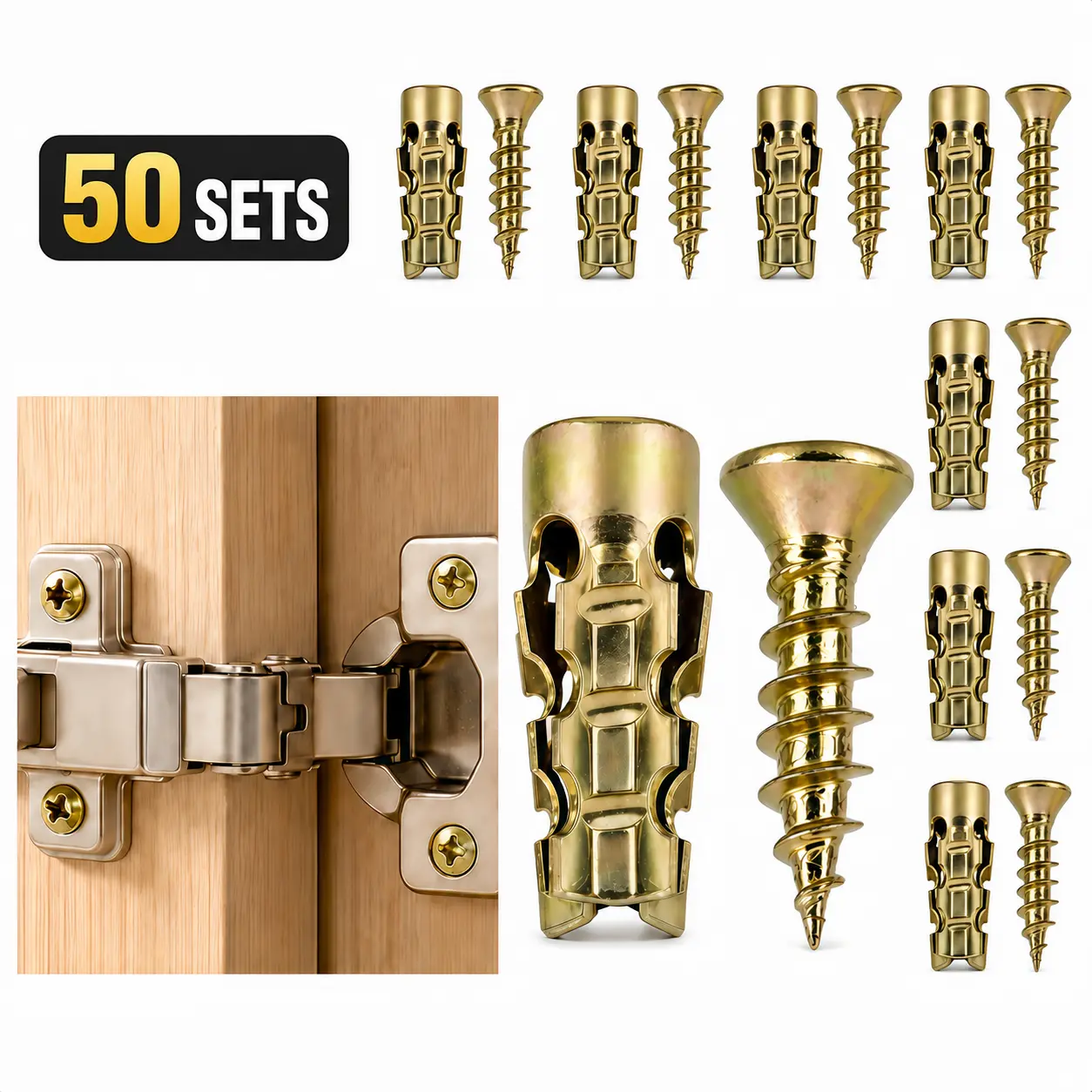 LeeVex 50-Set Cabinet Hinge Repair Kit, 6 x 14 mm Gold Anchors and Matching Screws for Stripped Screw Holes in Wood, Loose Cabinet and Door Hinges