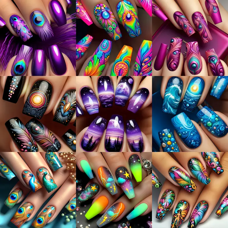 (216 Pieces) 9 Sets of Vibrant Press-On Nails - Mixed Colors, Floral, Cosmic, and Geometric Patterns, Medium Almond Shape, Glossy Surface - Diverse Styles, Fashionable Nail Art, Vibrant Nail Art | Pattern Embossing | Complex nail designs, nail accessories