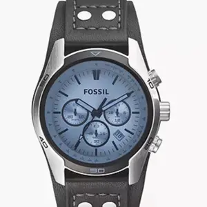 Coachman Chronograph Black Leather Watch with Blue Dial and Stainless Steel Case for Men