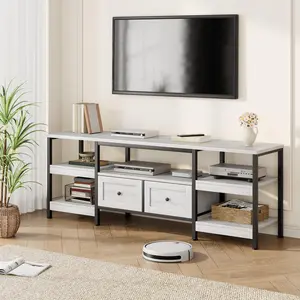 Garvee Industrial Mobile Entertainment Console with 63-Inch Display Capacity, Two Drawers, Open Shelves, Metal Frame, Rustic Design, White Finish, Fits Up to 65-Inch Screens