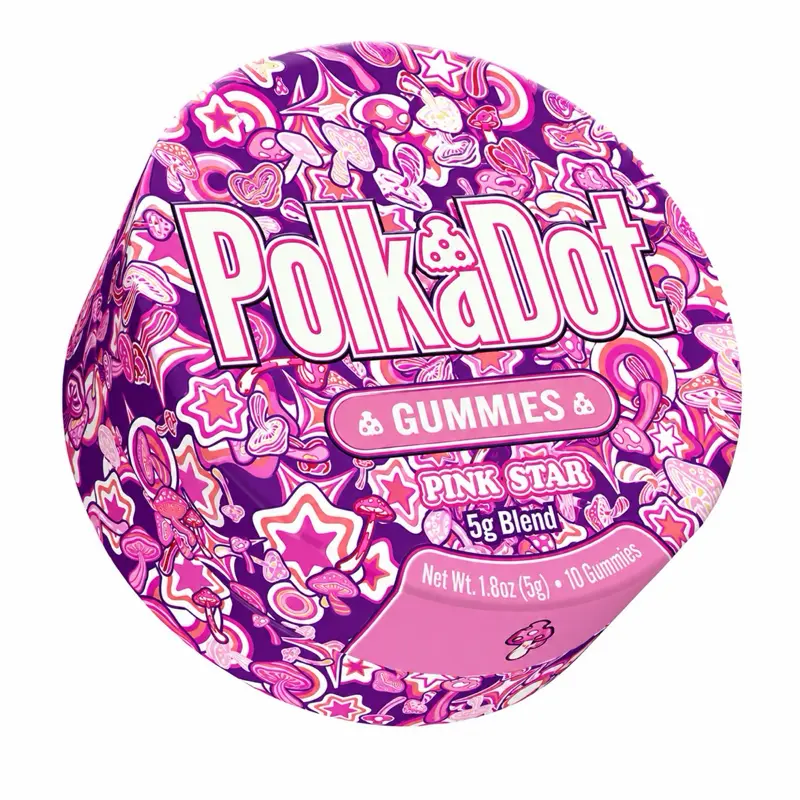 Polkadot Pink Star Gummies, 10 Count, High Potency Plant-Based Mushroom Gummies, Soft Chewy Gummies, 100% Organic Ingredients, High-Quality Formula, Freshness-Sealed, Secure Reusable Metal Tin, Travel-Friendly Packaging, Proudly Made in USA