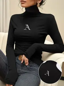 Women's High Neck Turtleneck Long Sleeve T-Shirt, Knit Fabric Slim Fit Casual Top for Spring & Fall, Ladies Fashion Basic Layering Tee, Knitwear, Knitted Casual Top