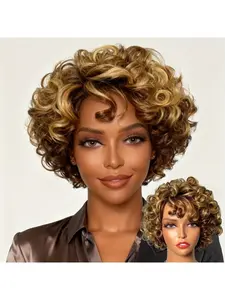 Hair Glueless Blonde Highlight Big Curly Fringe Wigs Machine Made Human Hair Wigs, Curly Bob Wigs, Curly Fluffy Wavy Wigs, Versatile Hairpiece, Fluffy Texture, Wavy Hairstyle, Realistic Hairline, Syntheticfree Wig, Density Wig
