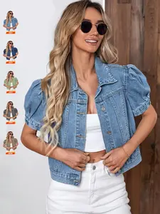 Women's Vintage Bubble Sleeve Denim Jacket, Summer Thin High Waist Crop Top, Casual Fashionable Short Jean Coat for Women