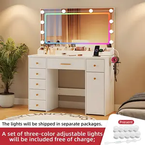 【Summervibes】Vanity with a large mirror and colorful LED lighting (includes a set of three-color lights) 7 drawers a hair dryer holder, and a two-tier sliding cabinet on wheels. Power outlet. This bedroom dressing table makes the perfect gift