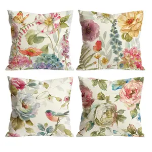 Watercolor Floral Throw Pillow Covers Set of 4 | Rose & Hydrangea Cushion Cases with Bird & Butterfly Accents for Farmhouse Living Room Decor 0513YL