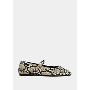 SHUSHOP Women's Classic Leather Snake Print Pointed-Toe Mary Jane Flats - Rubber Sole Walking Footwear with Gold Buckle Strap