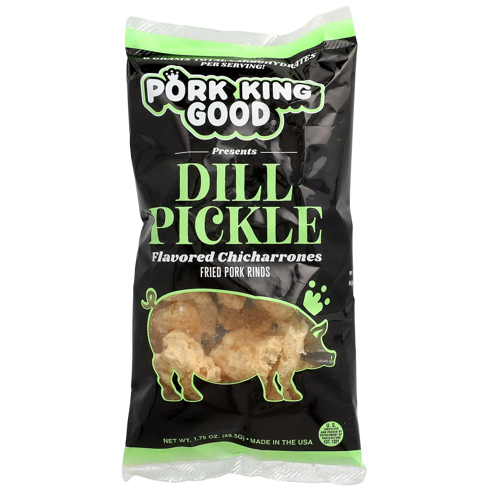 Pork King Good Flavored Chicharrones, Dill Pickle, 1.75 oz (49.5 g) Pork King Good Flavored Chicharrones, Dill Pickle, 1.75 oz (49.5 g)